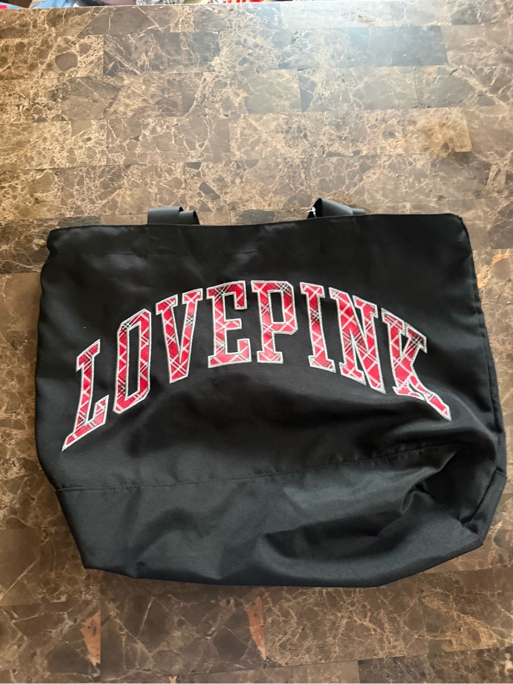 PINK Victoria's Secret Black Tote with red  Plaid LOVE PINK Logo
